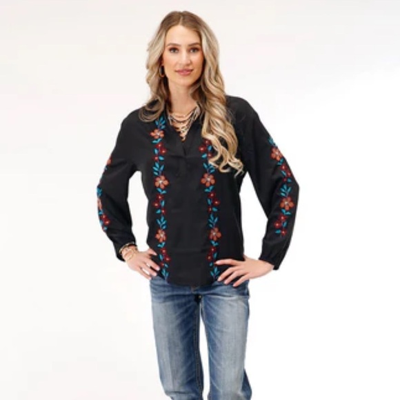 NWT In Packaging Roper Womens Split-V Floral Black Polyester L/S Blouse Sz Large - Picture 3 of 6